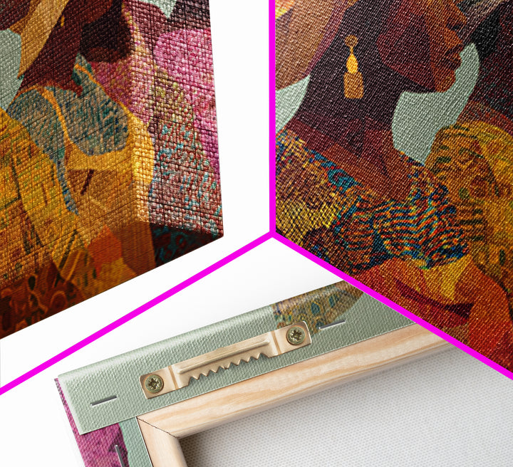 Four African Women In Woven Hats Canvas Print Ankara Wall Art Black Woman Art Afrocentric Decor Cultural Portrait Gift For Her