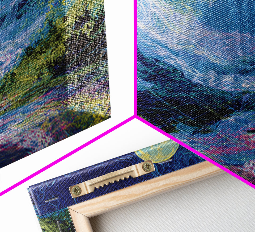Blue Moonlit River Through Mountains Wall Art, Dreamy Wall Art, Nature Scene Art, Blue Home Decor, Large Decor Art, Living Room Art