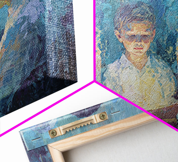 Candlelit Boy Ritual Wall Art, Blue Spiritual Family Ceremony Painting, Dreamy Portrait Canvas Decor, Meaningful Home Gift