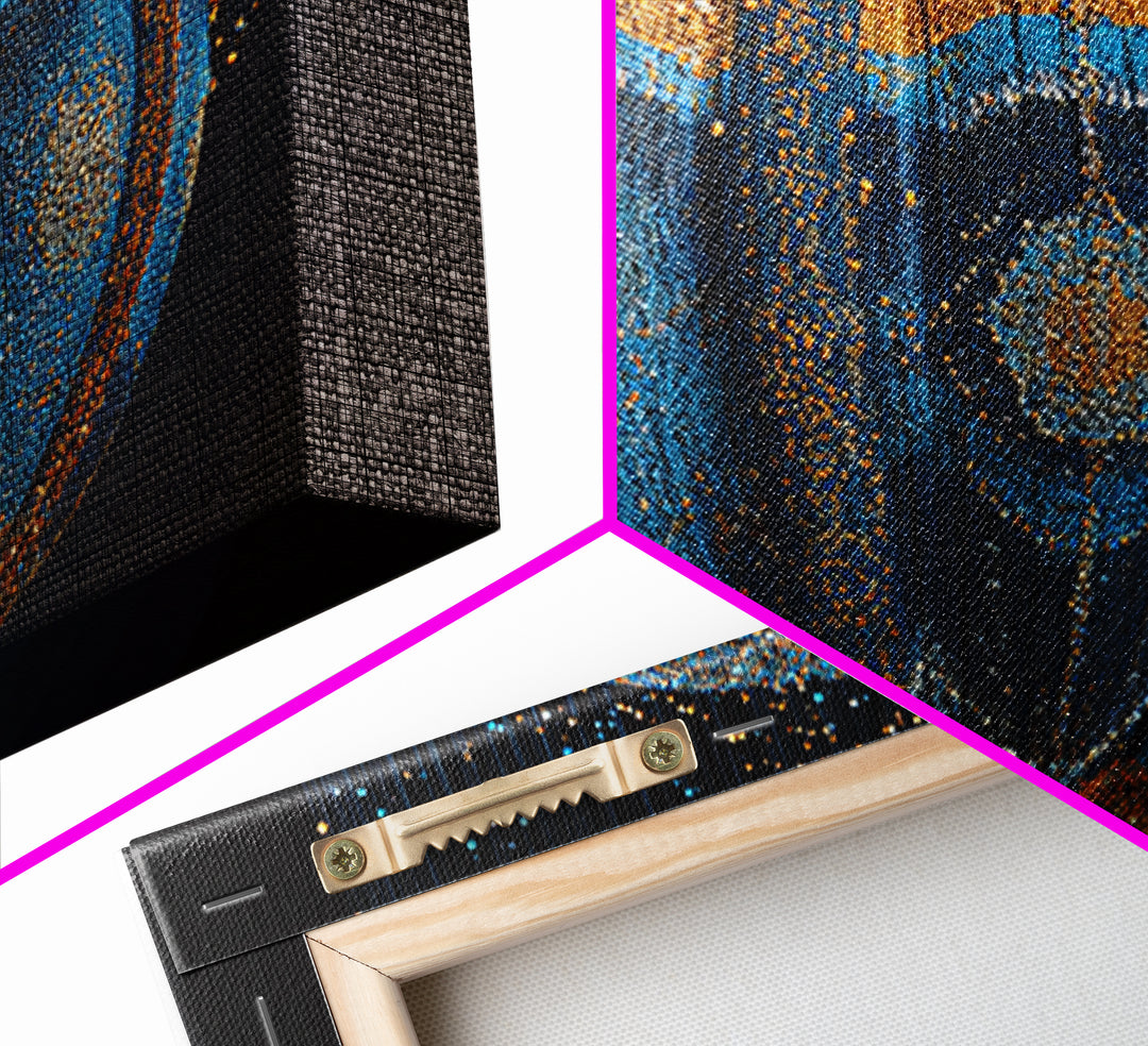 Blue Gold Beaded Orb Abstract Canvas Print, African Inspired Luxury Wall Decor, Modern Tribal Art, Statement Home Decor Gift