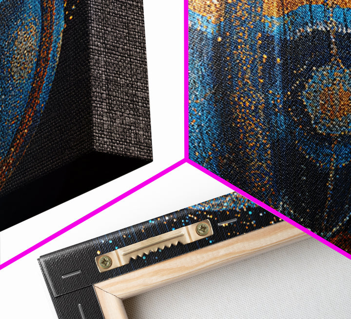 Blue Gold Beaded Orb Abstract Canvas Print, African Inspired Luxury Wall Decor, Modern Tribal Art, Statement Home Decor Gift
