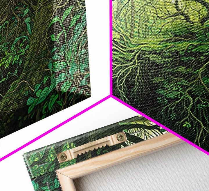 Ancient Emerald Forest Creek And Twisted Roots Wall Art, Green Nature Landscape Canvas, Mystical Jungle Home Decor For Living Room