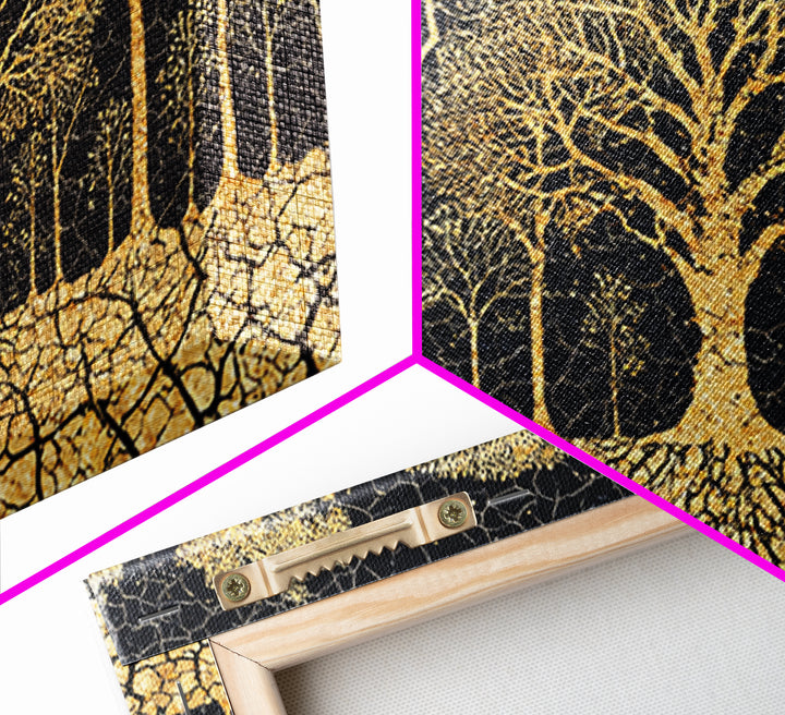 Golden Baobab Tree Grove On Black Cracked Earth Canvas Print, African Tree Inspired Abstract Wall Decor, Luxury Home Art