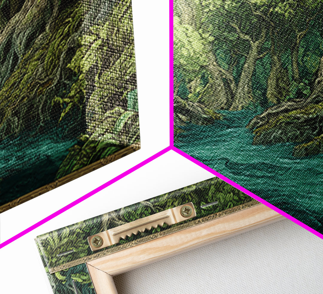 Enchanted River Forest With Ancient Roots Framed Canvas Print, Green Jungle Landscape Wall Decor, Mystical Nature Artwork