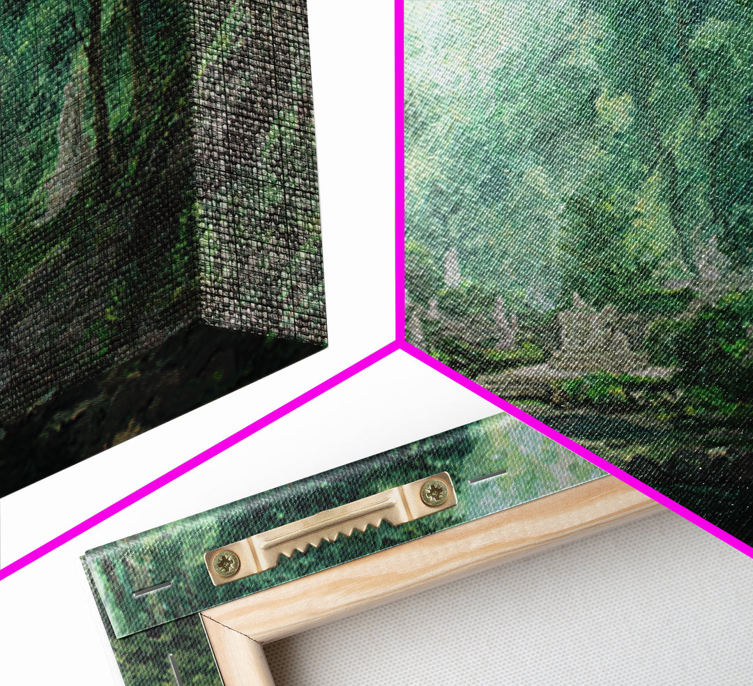 Misty Forest Ruins With Statues And Stream Wall Art, Green Nature Landscape Painting, Dreamy Garden Decor For Living Room