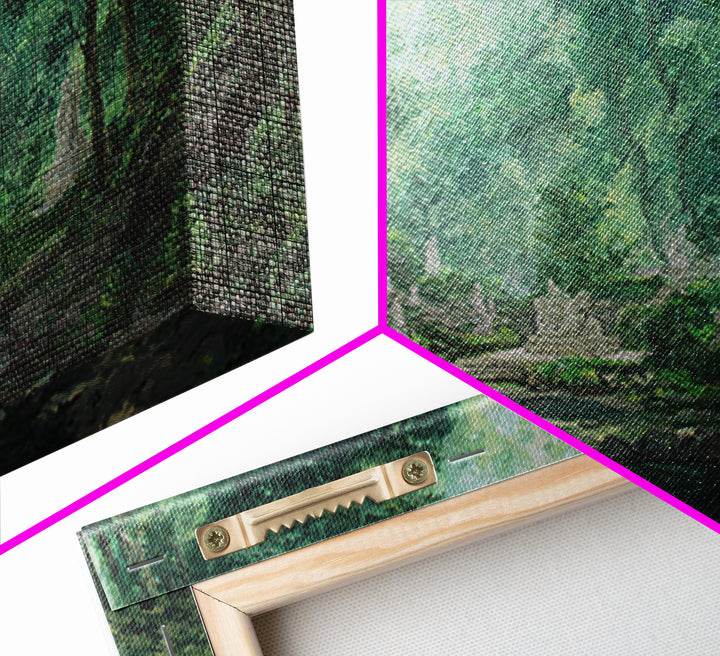 Misty Forest Ruins With Statues And Stream Wall Art, Green Nature Landscape Painting, Dreamy Garden Decor For Living Room