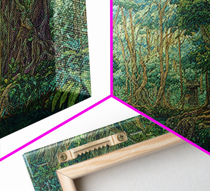 Lush Jungle River Between Towering Trees Canvas Print, Green Nature Landscape Wall Decor, Boho Tropical Living Room Art Print