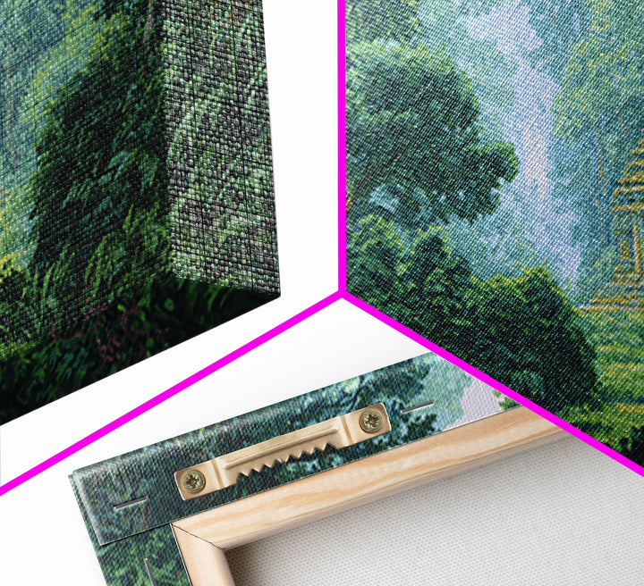 Hidden Golden Temple In Misty Jungle Framed Canvas Print, Green Nature Landscape Wall Decor, Spiritual Tropical Home Art
