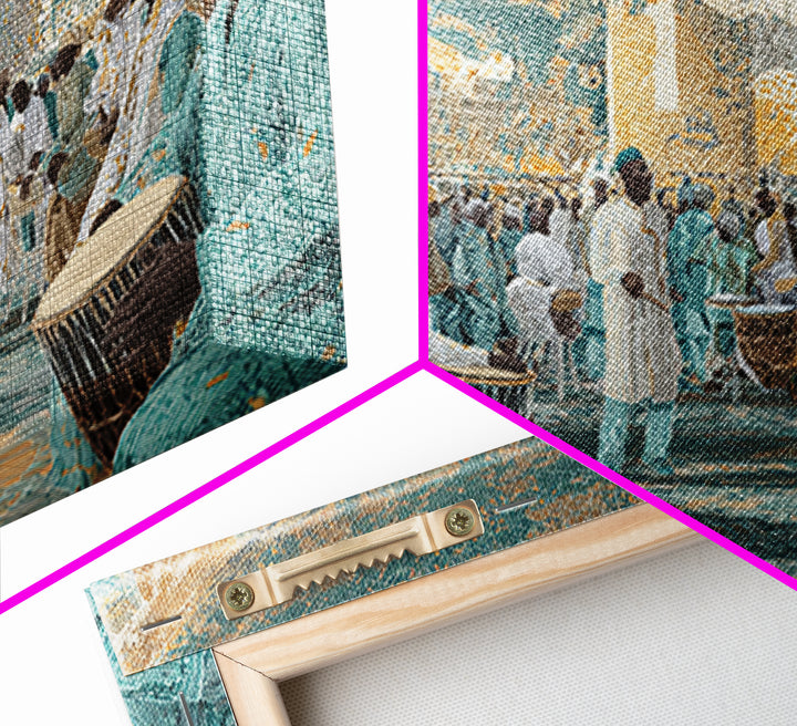 Turquoise African Drum Ceremony In Ornate Hall Framed Canvas Print, Afrocentric Wall Art, Cultural Decor, Luxury Home Gift