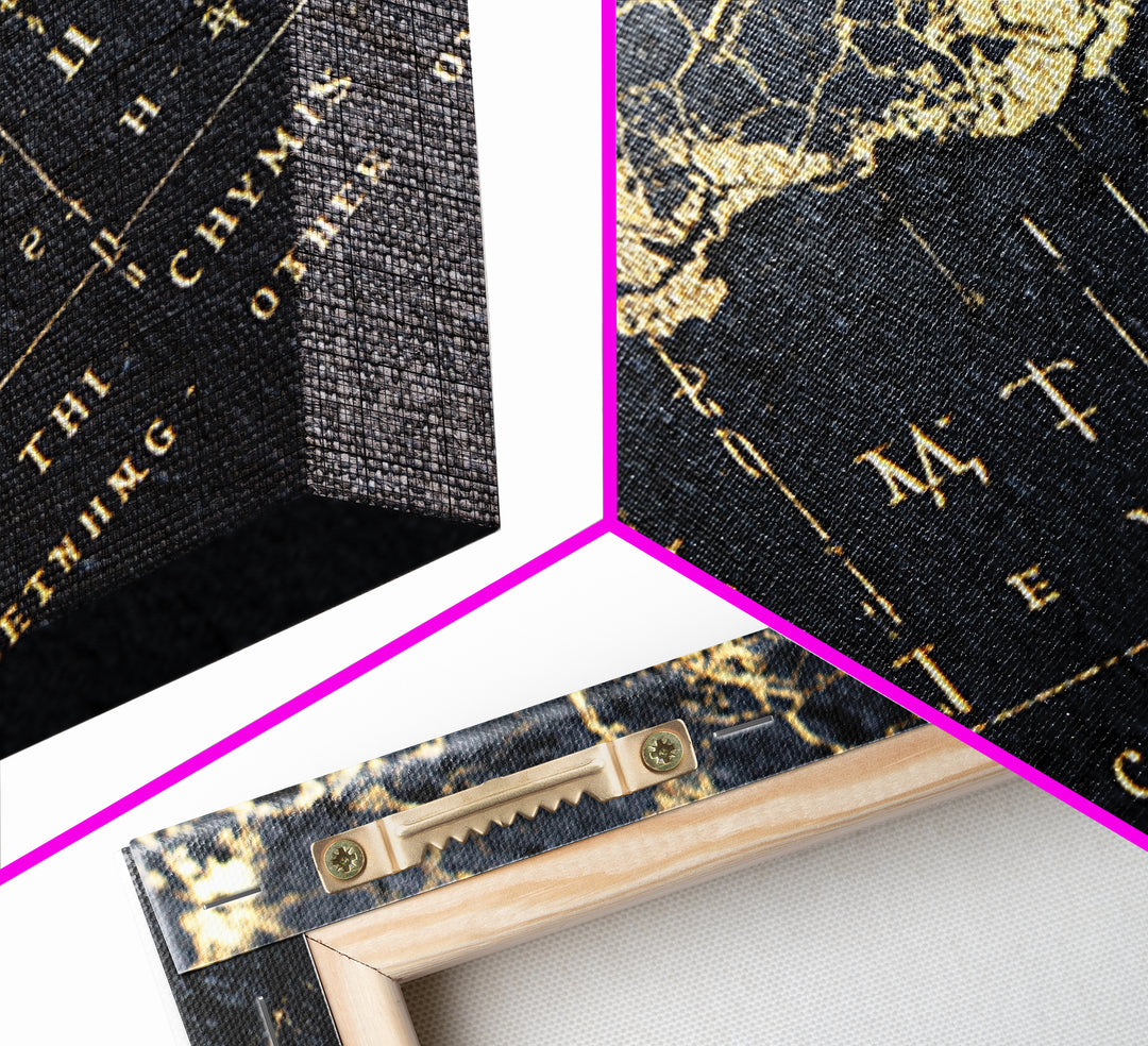 Black And Gold Ancient Map Detail Framed Canvas Print, African Inspired Wall Decor, Luxury Art, Mystic Office Decor Gift