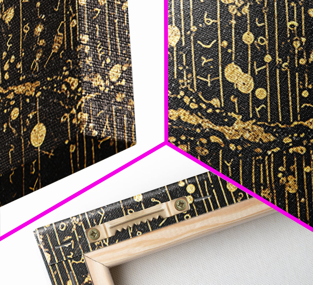 Black Gold Ancient Script Abstract Wall Art, African Inspired Luxury Canvas Decor, Textured Tribal Pattern Home Accent Print
