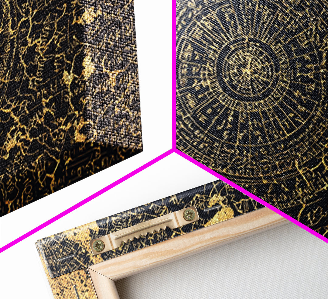Gold Circular Ancient Map Wall Art, African Inspired Abstract Pattern, Tribal Astronomy Decor, Luxury Black Canvas Print