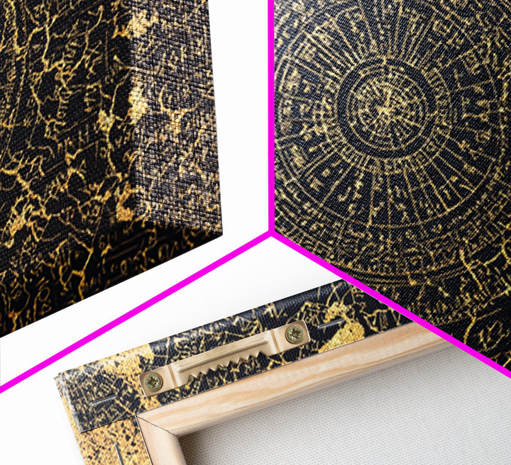 Gold Circular Ancient Map Wall Art, African Inspired Abstract Pattern, Tribal Astronomy Decor, Luxury Black Canvas Print