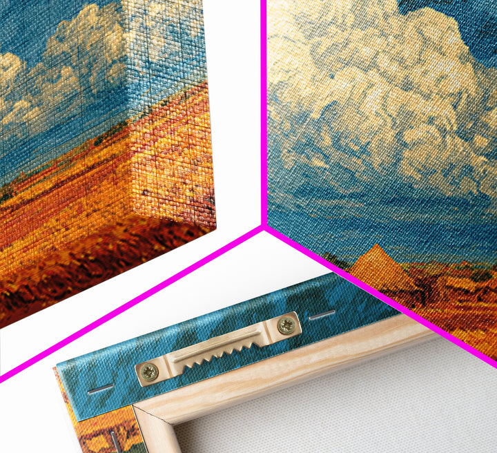 Golden African Village Landscape Framed Canvas Print, Dramatic Cloud Wall Decor, Safari Art For Warm Boho Home Decor Gift
