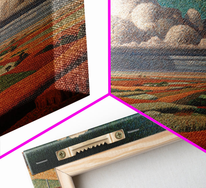 Patchwork Fields And Giant Clouds African Wall Art, Cultural Landscape Canvas Print, Earth Tone Decor, Unique Home Decor