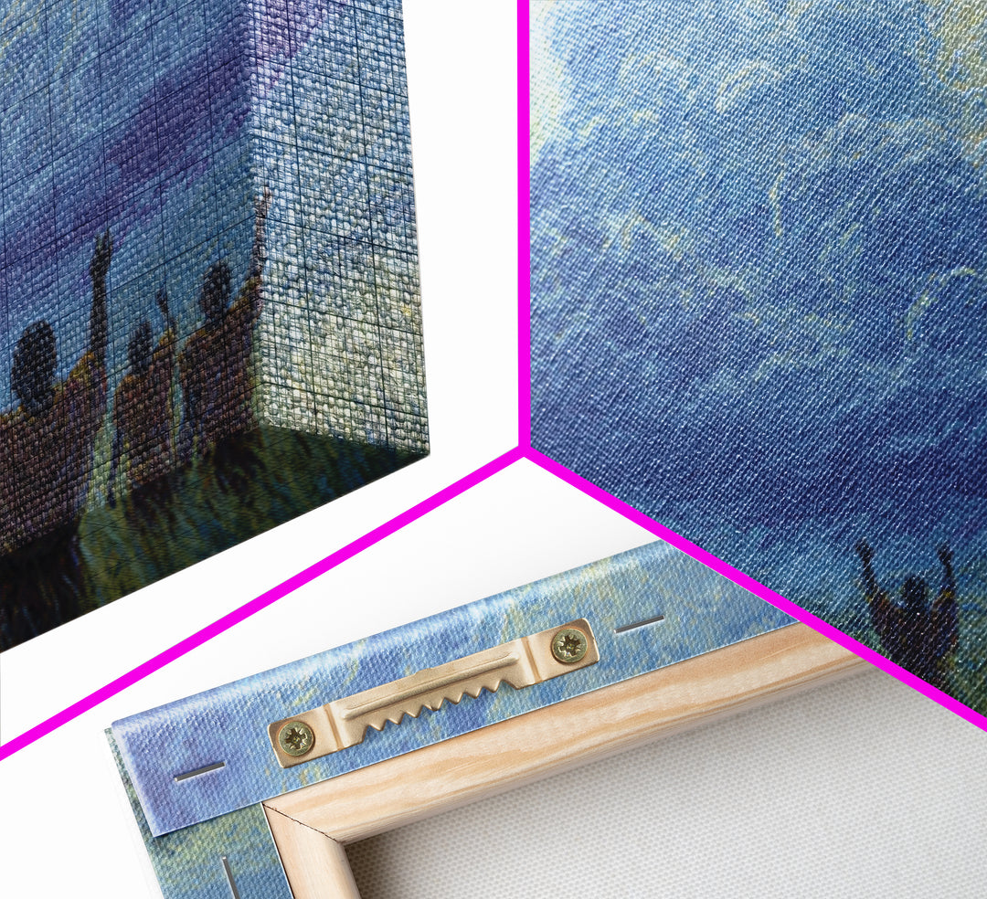 Figures Raising Hands To Radiant Blue Storm Wall Art, Spiritual African Canvas Print, Ancestral Decor, Prayer Room Art Gift