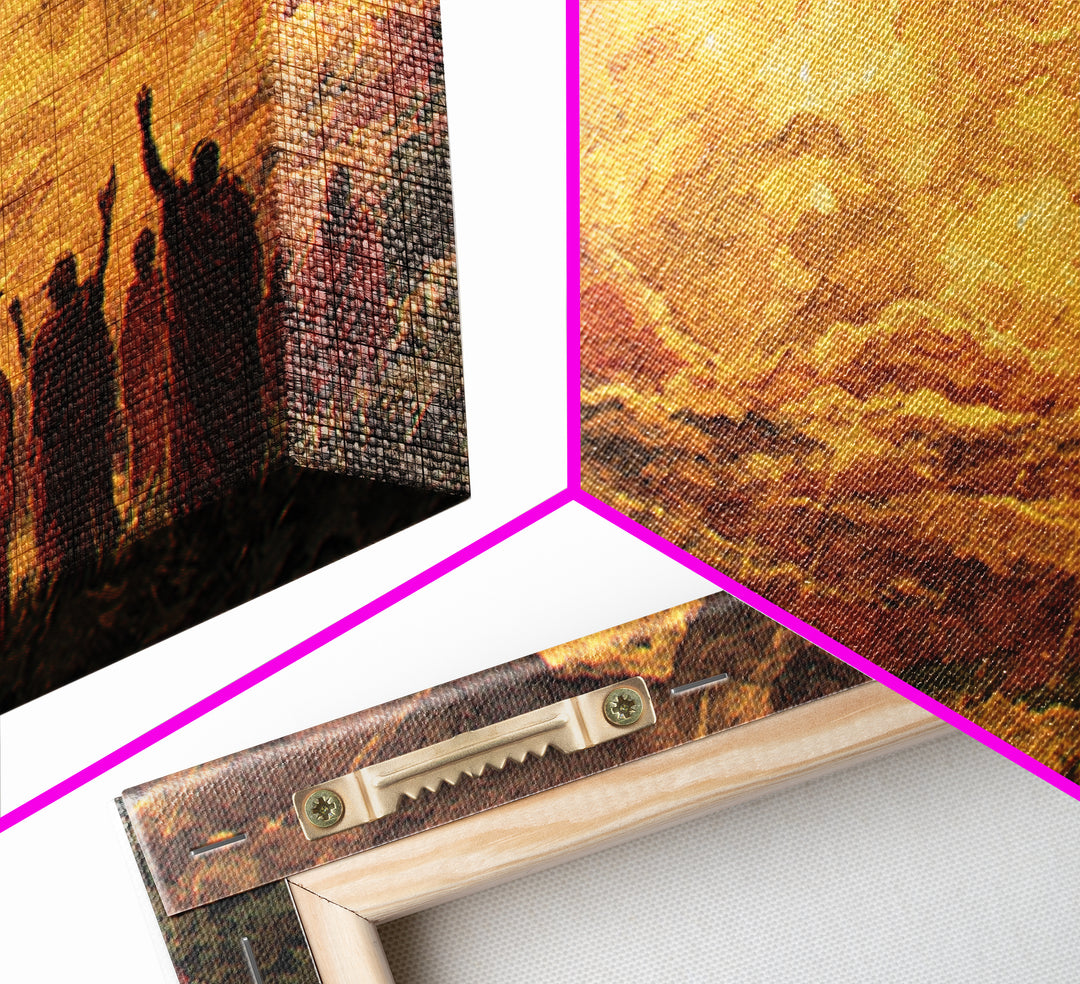 Robed Figures Before Fiery Golden Clouds Canvas Print, African Wall Art, Spiritual Landscape, Burnt Orange Home Decor Gift
