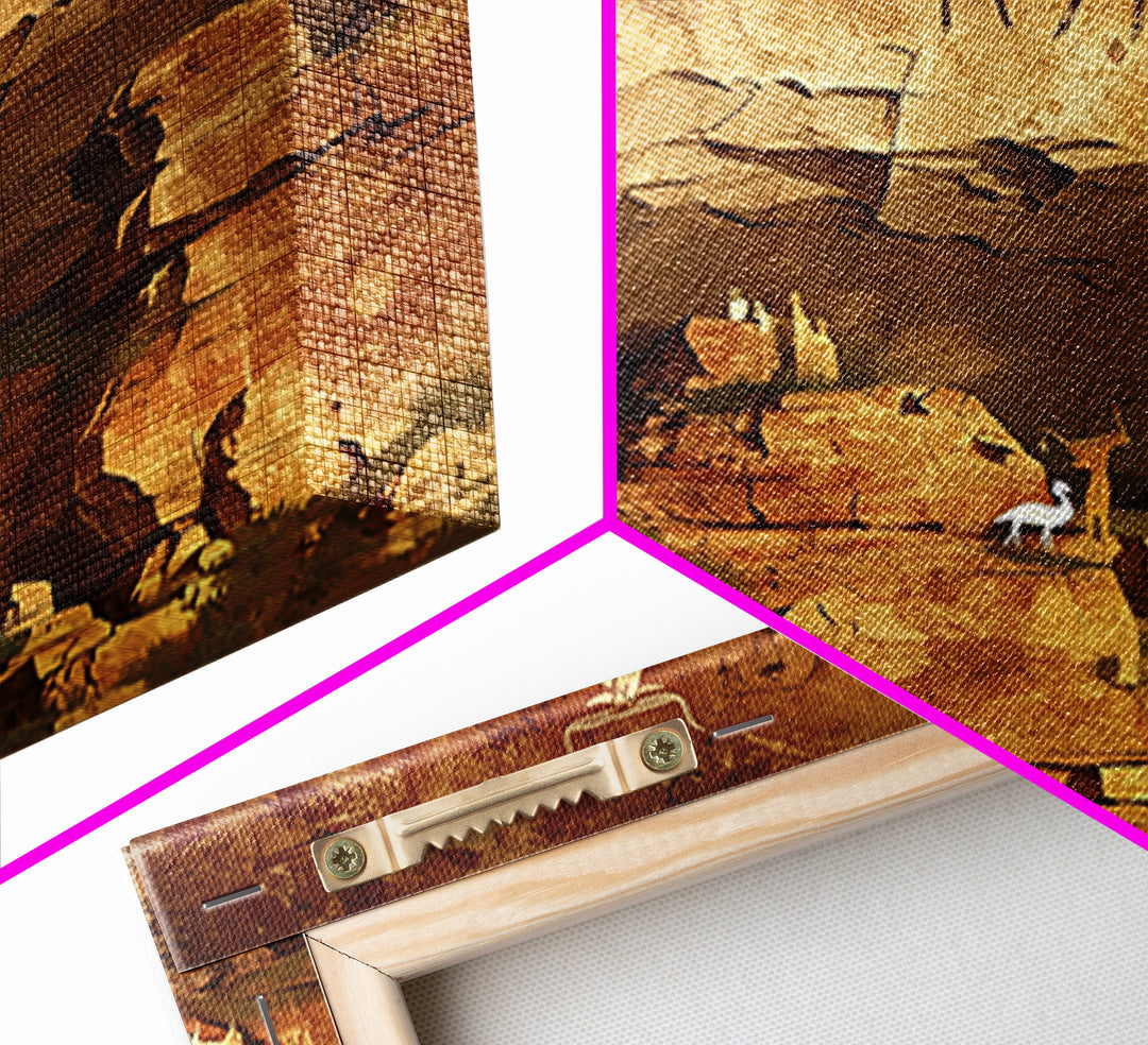 Ancient Canyon Cattle Cave Scene Canvas Print, African Safari Art, Tribal Rock Painting, Earth Tone Cultural Wall Decor Gift