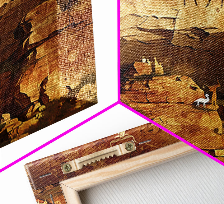 Ancient Canyon Cattle Cave Scene Canvas Print, African Safari Art, Tribal Rock Painting, Earth Tone Cultural Wall Decor Gift