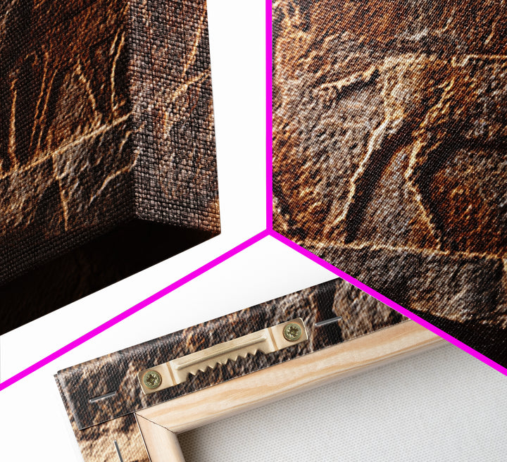 Carved Petroglyph Animal Procession Framed Canvas Print, African Tribal Art, Rustic Rock Wall Decor, Cultural Home Decor Gift