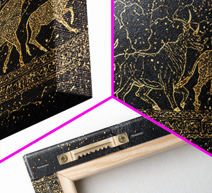 Gold Line Cattle Procession Wall Art, Black African Art, Tribal Animal Print, Luxury Canvas Decor, Modern Cultural Home Gift