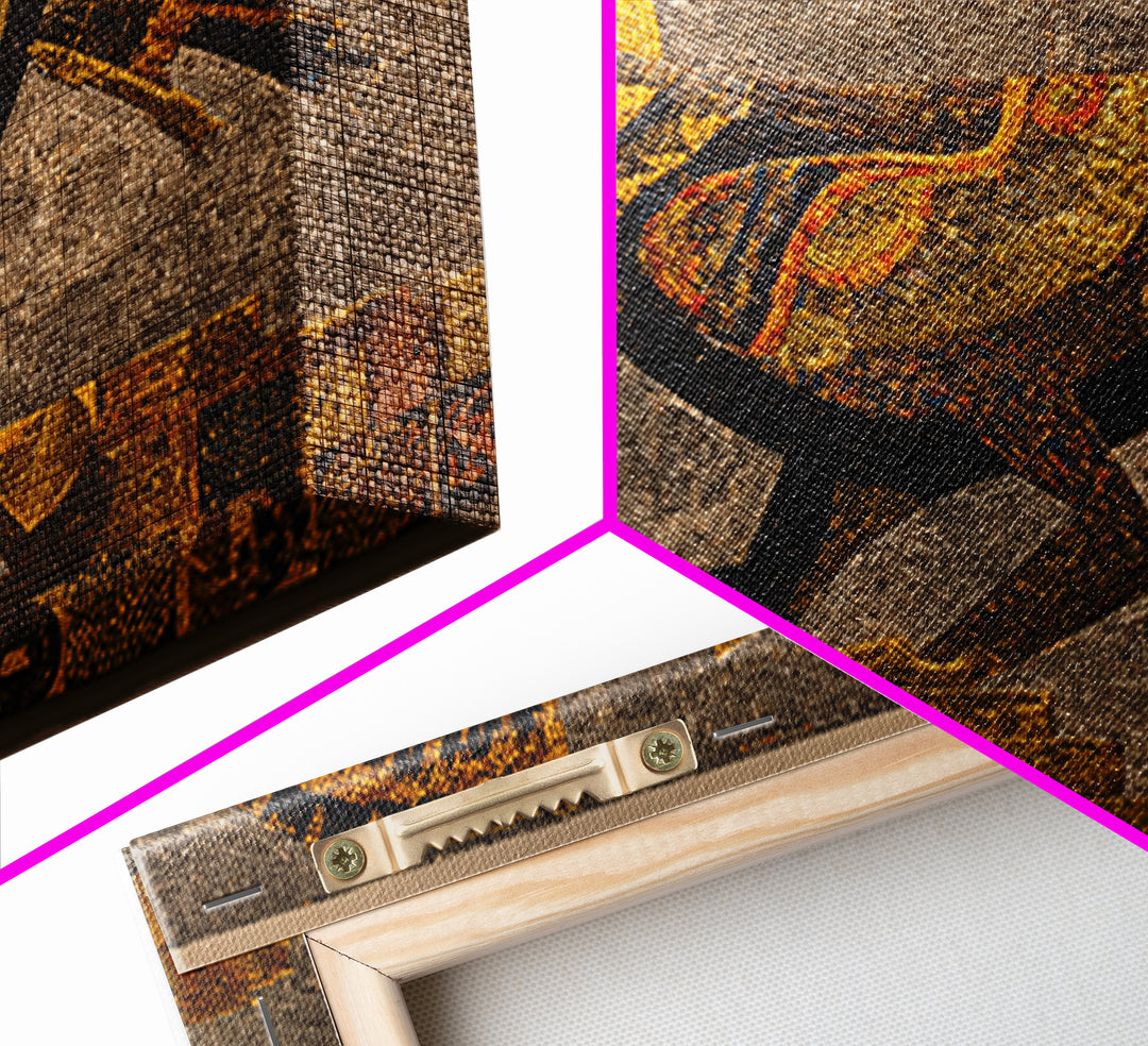 Golden Tribal Bird With Sun Wall Art, African Inspired Mosaic Canvas, Afrocentric Decor, Ethnic Pattern, Luxury Home Decor Gift