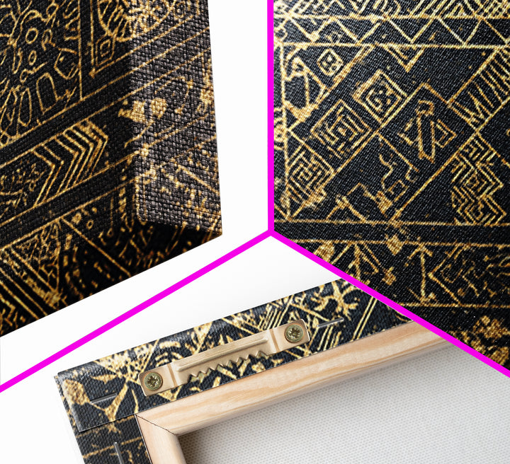 Black Gold Tribal Pattern Wall Art, African Abstract Geometric Canvas Print, Kuba Inspired Textile Art, Ethnic Wall Decor