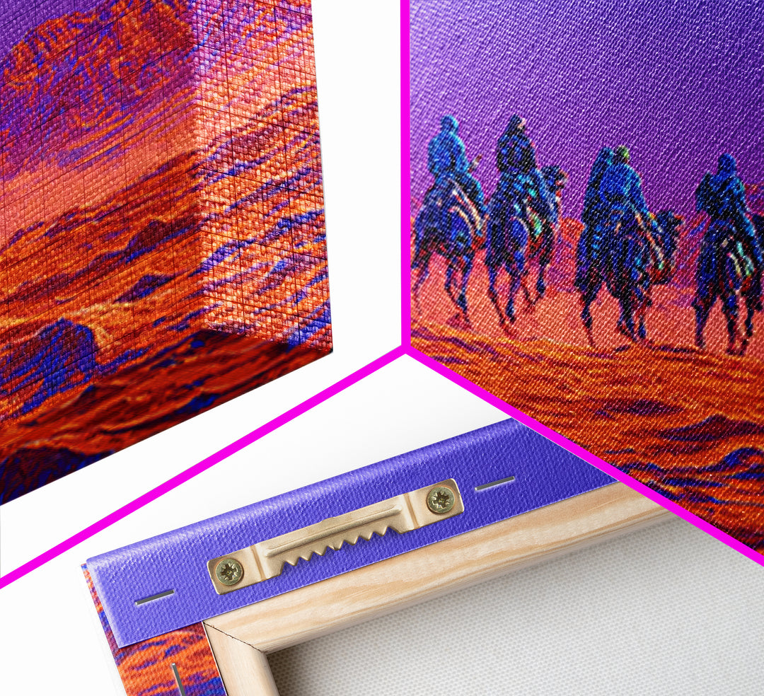 Violet Desert Riders Across Neon Dunes Wall Art, African Warrior Art, Vibrant Safari Decor, Modern Canvas Print Gift For Him