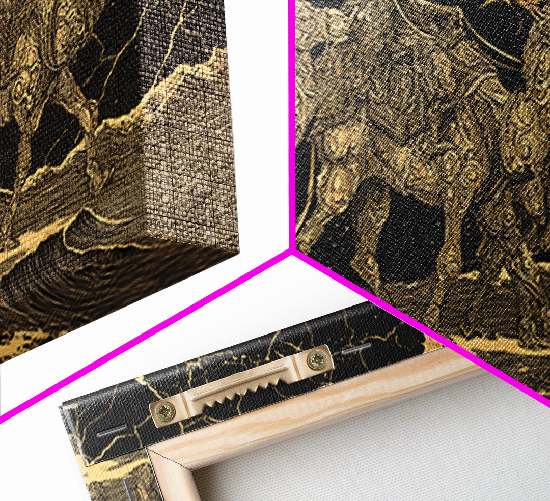 Gold Engraved Camel Caravan On Black Stone Wall Art, African Art Print, Desert Travel Decor, Luxury Canvas Print For Office Decor