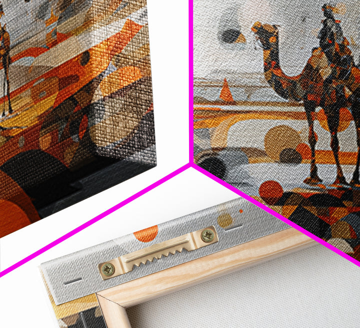 Abstract Geometric Camel Caravan In Orange Desert Wall Art, Modern African Art, Boho Living Room Decor, Canvas Print Gift