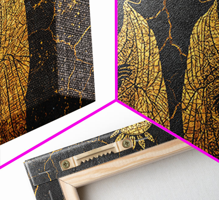 Gold Mosaic Sacred African Figures On Black Stone Wall Art, Spiritual Wall Decor, Black And Gold Art, Framed Canvas Print
