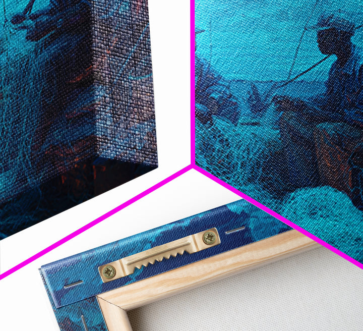 Moonlit African Fishermen Mending Nets, Blue Coastal Wall Art, Afrocentric Painting, Cultural Decor, Fishing Village Print