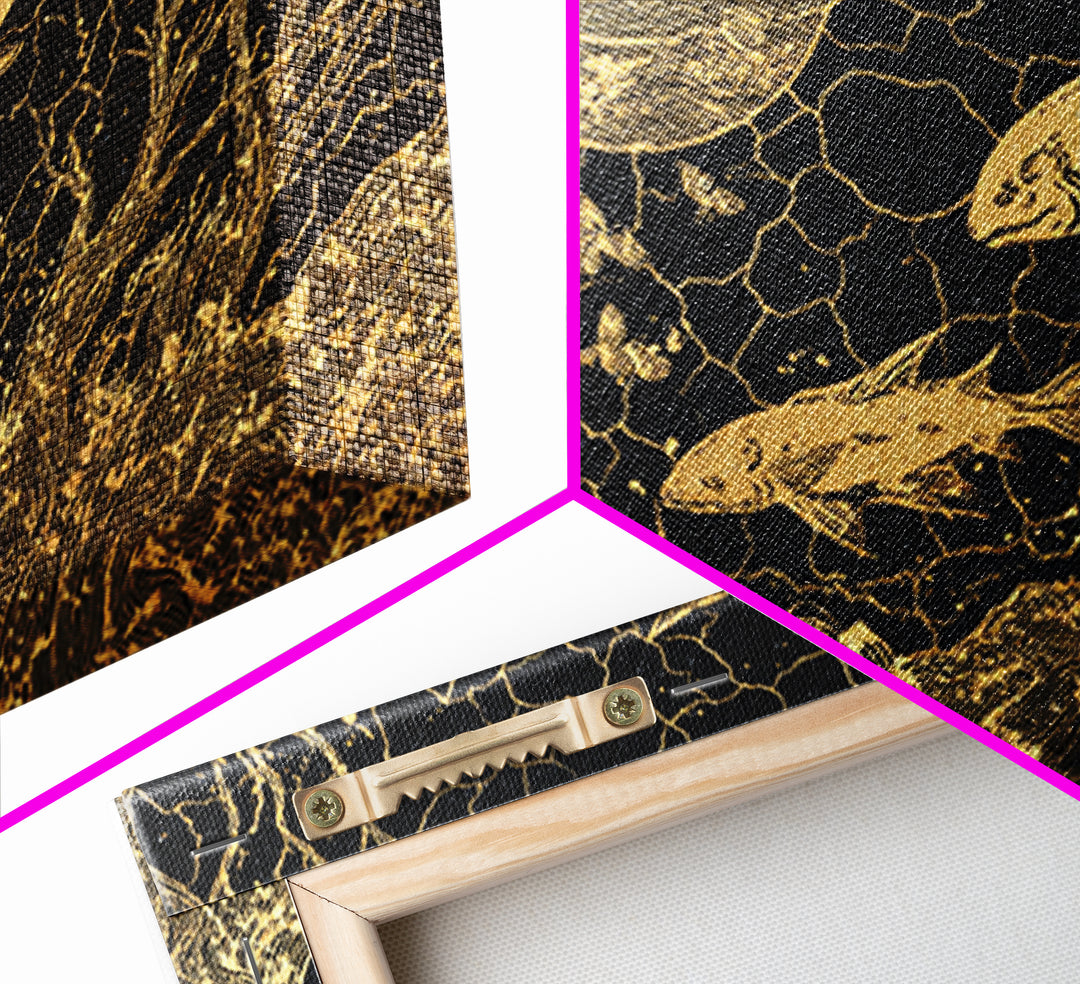 Gold Fish And Whale Underwater Scene, Black And Gold Wall Art, Ocean Canvas Print, Mystical Nature Decor, Unique Gift For Home