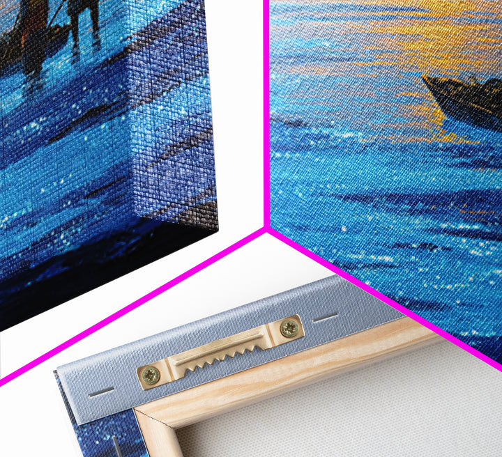 Blue Dawn Fishermen With Boat On Shimmering Water, African Wall Art, Coastal Canvas Print, Serene Living Room Decor Gift