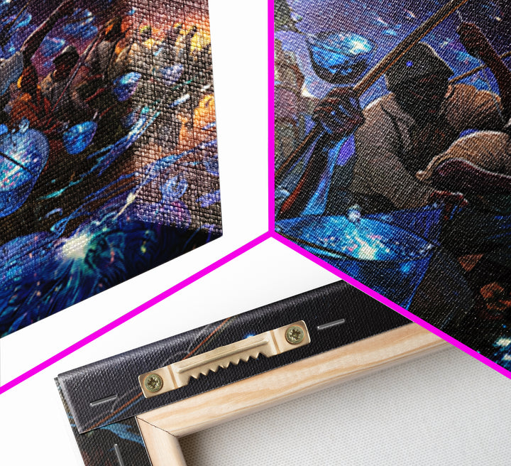 Afrofuturist Fishermen Catching Glowing Fish, Starry Night Canvas Print, African Wall Art, Bold Black Culture Decor Gift