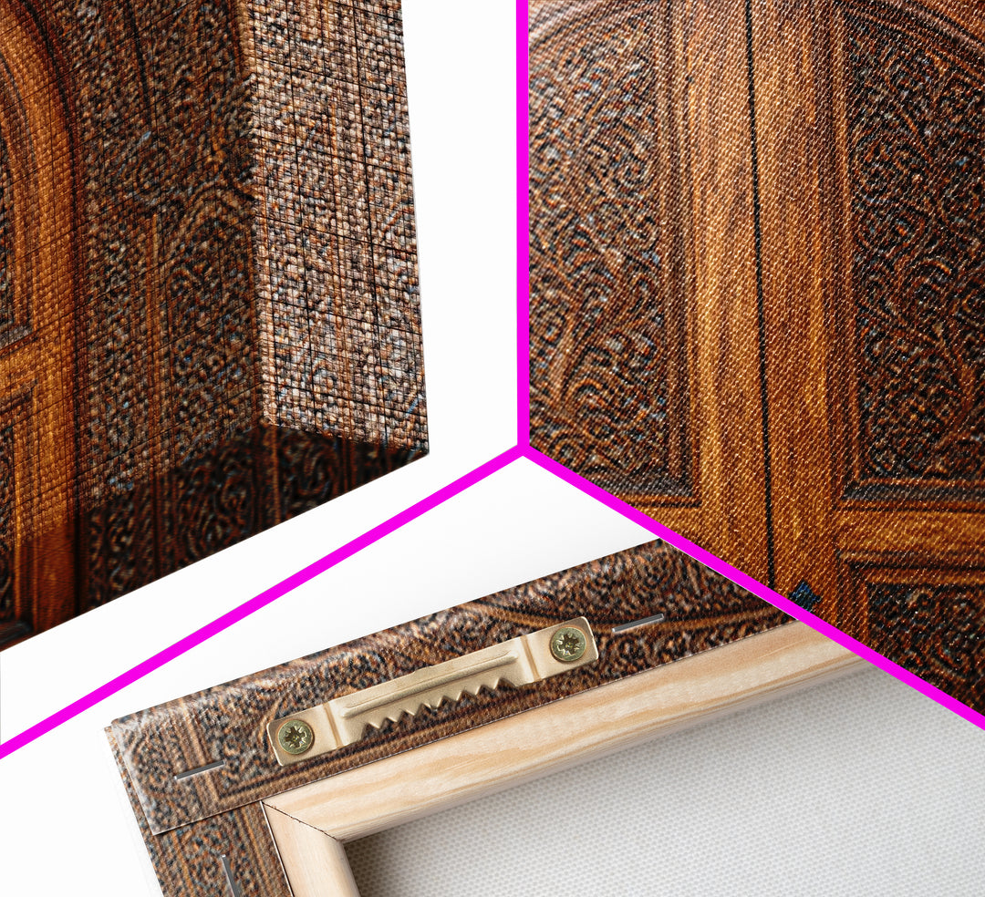 Arched Carved Wood Door Framed Canvas Print, Intricate Moroccan Pattern Wall Art, Rustic Bohemian Home Decor Gift For Living Room