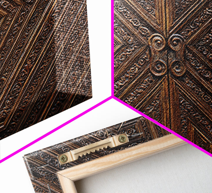 Geometric Carved Wood Door Canvas Print, Ornate Tribal Pattern Wall Art, Brown Rustic Home Decor, Unique Cultural Gift For Office