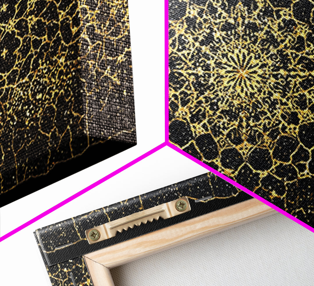 Black Gold Mandala Pattern Canvas Print, African Abstract Art, Luxury Geometric Wall Decor, Boho Home Decor Gift For Her