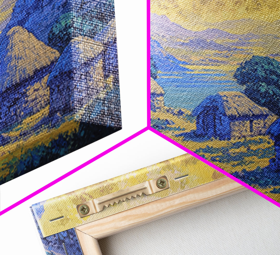 Blue African Village Landscape Wall Art, Thatched Hut Canvas Print, Motherland Nature Scene, Safari Home Decor Gift For Living Room
