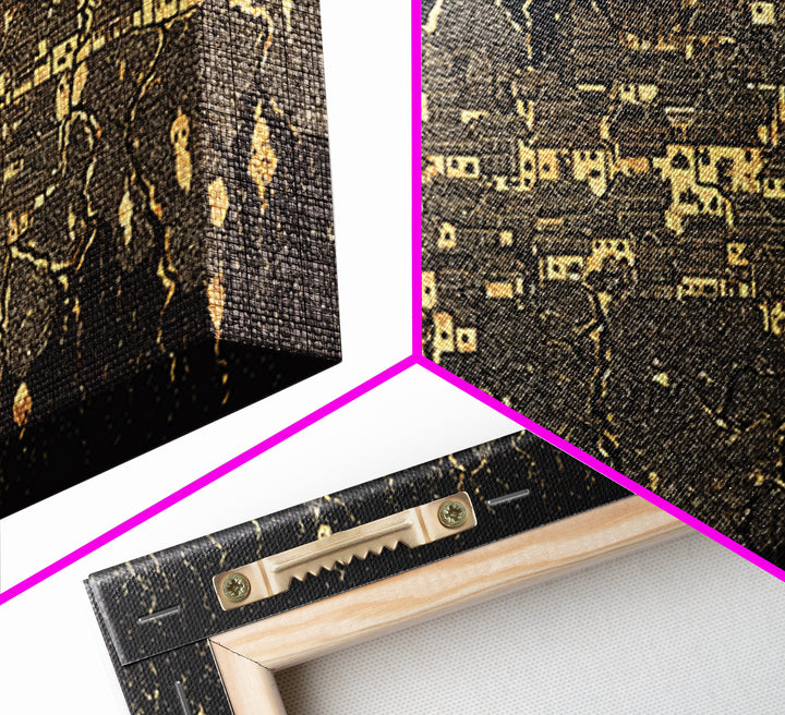Gold Black Mystical City Wall Art, Abstract African Pattern Canvas Print, Modern Tribal Decor, Luxury Home Decor Statement Piece