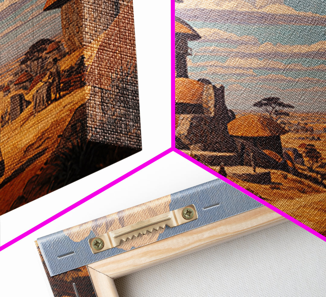 Thatched Village Path With Traveler Wall Art, African Landscape Canvas, Safari Hut Decor, Cultural Home Decor Gift For Living Room
