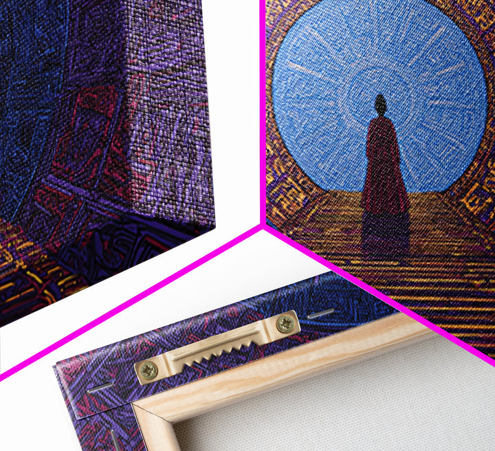 Red Robed Woman Before Blue Portal Framed Canvas Print, Mystical African Art, Spiritual Wall Decor For Meditation Room Gift