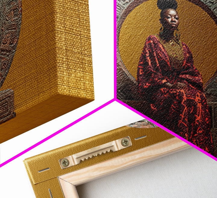 Seated African Queen In Red Robe Canvas Print, Regal Portrait Wall Art, Cultural Home Decor, Black Goddess Gift For Living Room