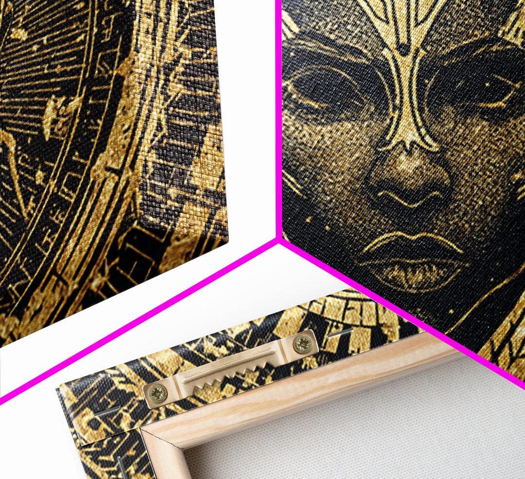 Gold Black Tribal Mask Face Wall Art, African Abstract Portrait Canvas Print, Spiritual Statement Decor For Living Room Gift
