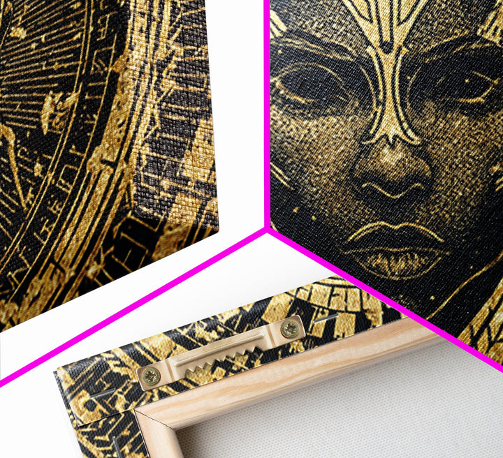 Gold Black Tribal Mask Face Wall Art, African Abstract Portrait Canvas Print, Spiritual Statement Decor For Living Room Gift