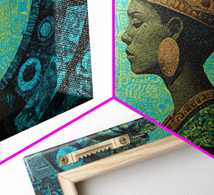 Turquoise Crowned African Queen Profile Wall Art, Afrocentric Portrait Canvas Print, Teal Cultural Decor For Home Or Office Gift