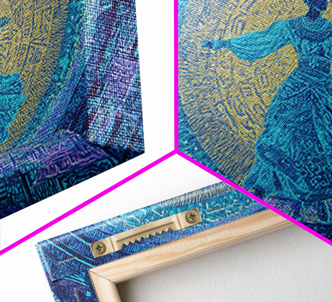 Ethereal Blue Whirling Dancer Portal Wall Art, African Inspired Spiritual Wall Decor, Teal Gold Boho Modern Canvas Print