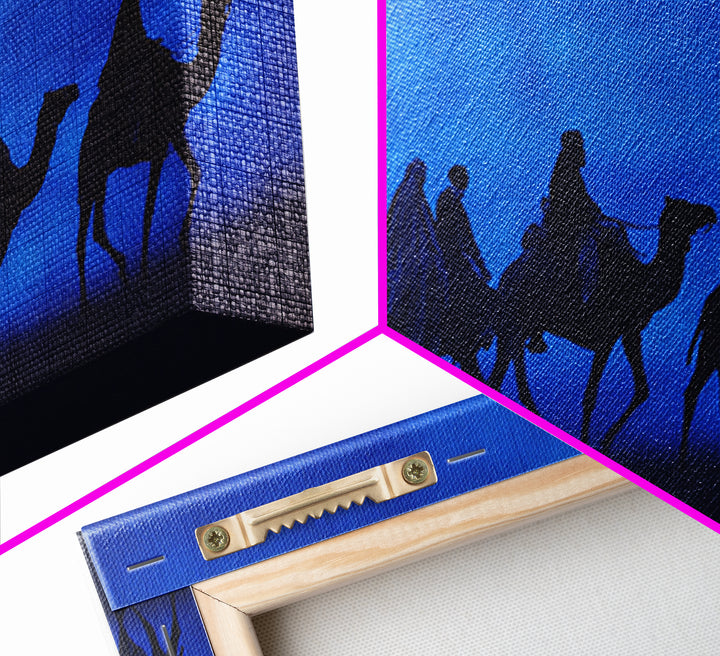 Blue Desert Camel Caravan Silhouette Wall Art, African Travel Poster, Sahara Safari Decor, Minimalist Canvas Print Gift For Him
