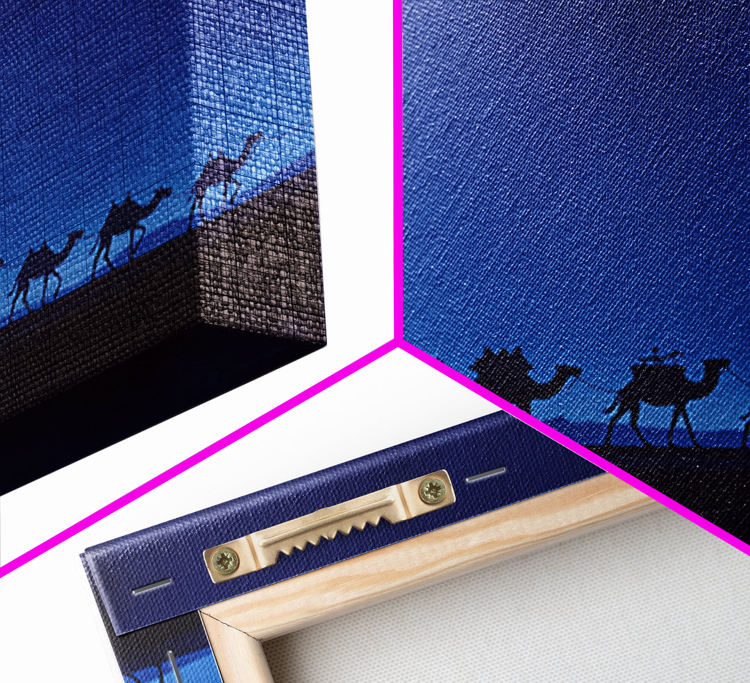 Minimalist Blue Camel Caravan Silhouette Wall Art, African Safari Print, Moroccan Travel Poster, Modern Desert Home Decor