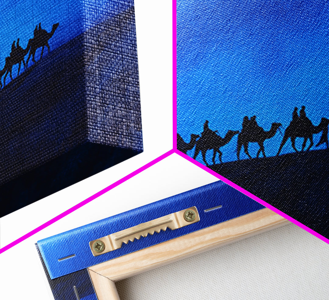 Blue Dune Camel Caravan Silhouette Framed Canvas Print, African Landscape, Sahara Travel Decor, Large Wall Art Prints For Living Room